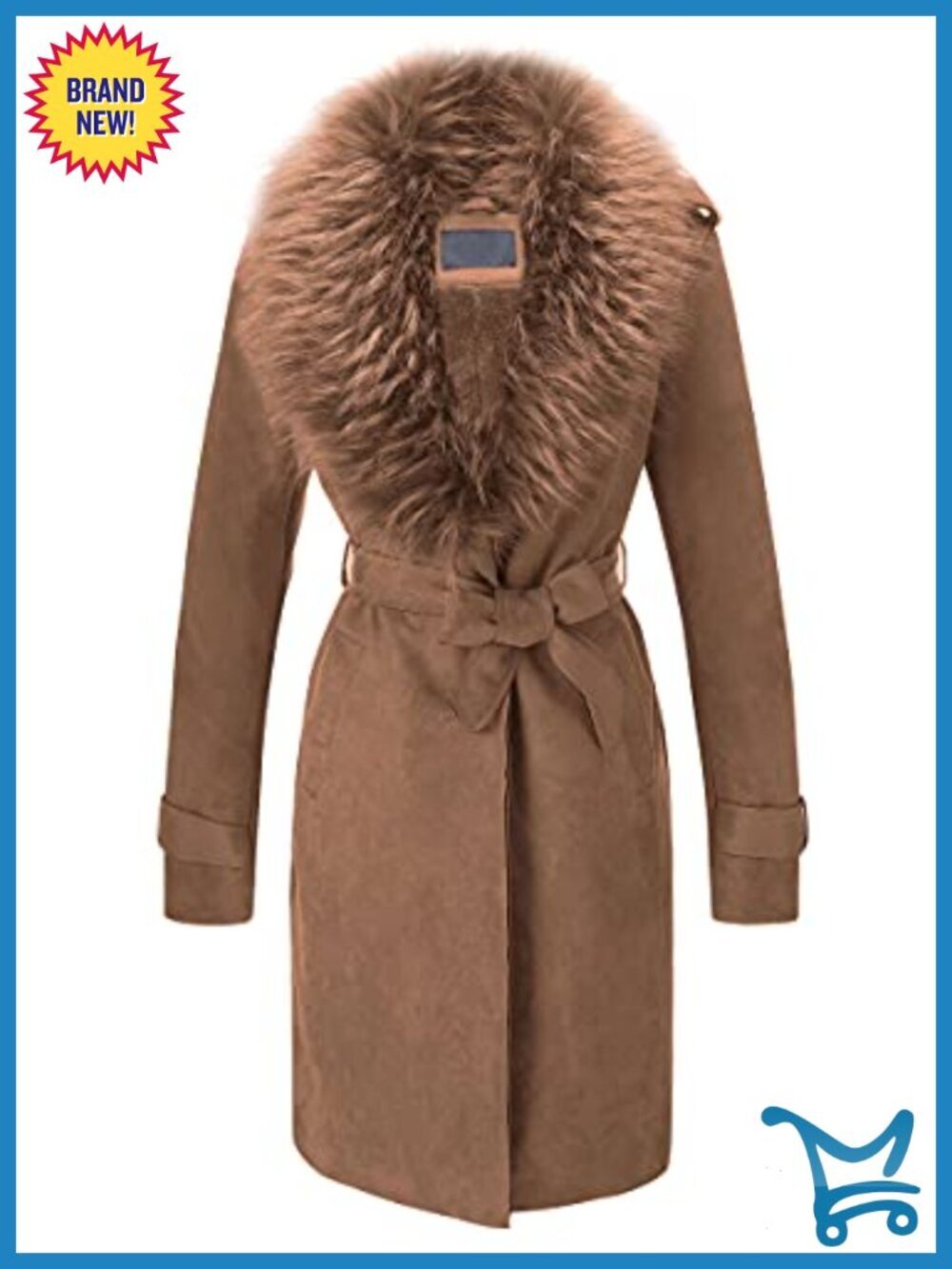 Women Faux Leather Trench Coat Fleece-Lined Detachable Fur Collar